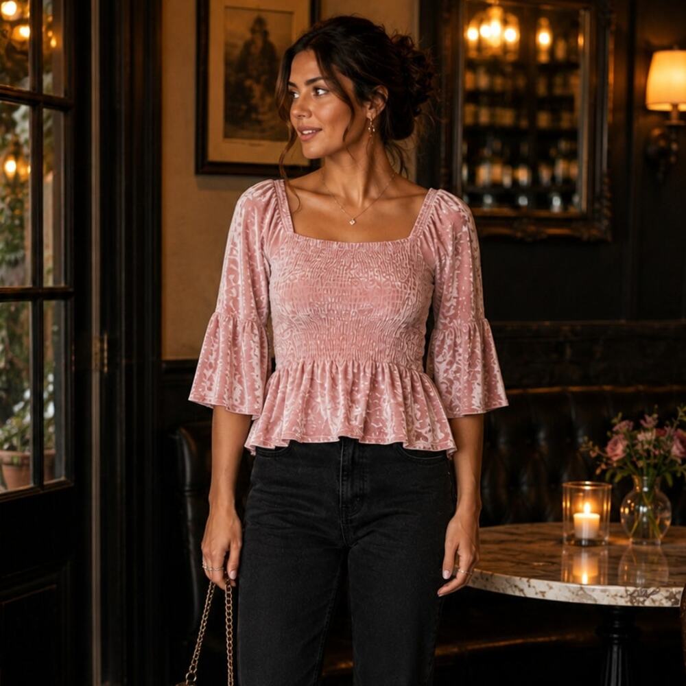 Pink Crushed Velvet Smocked Peplum Top S Bell Sleeve Romantic Coquette Soft Girl